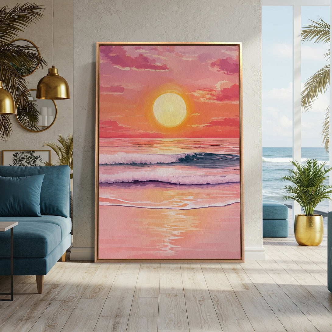 Framed Wall Art: Sunset beach scene in warm pink and orange hues. Coastal art print adds a touch of serenity and style to any space.