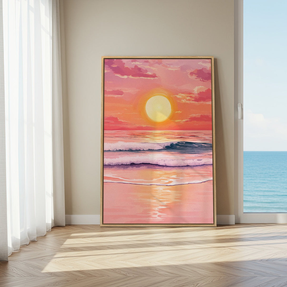Framed Wall Art featuring a sunset beach scene in warm pink and orange tones. Perfect coastal art for home decor.