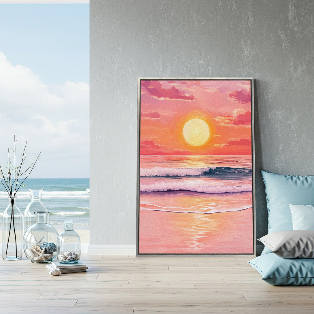 Framed Wall Art of a vibrant sunset over the ocean. Warm pink and orange hues create a calming, beachy vibe. Perfect for coastal decor!