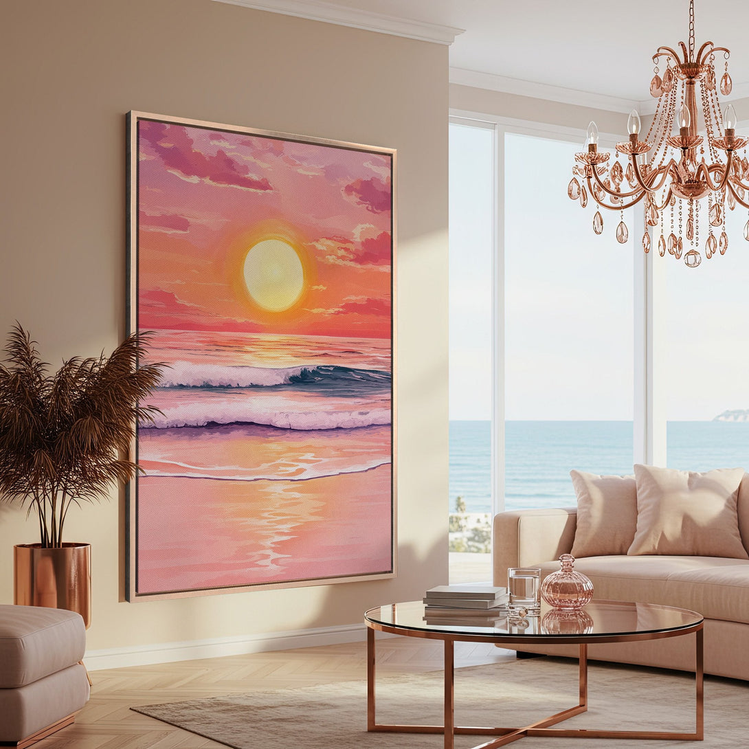 Framed Wall Art: Sunset beach scene in warm pinks & oranges. Coastal art style. Enhance your home decor with this beautiful canvas print.