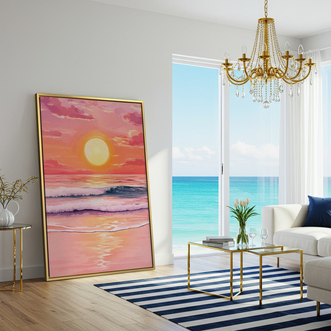Canvas Print of a sunset beach scene in warm pink and orange tones, perfect for coastal decor. Adds a calming touch to any living room.