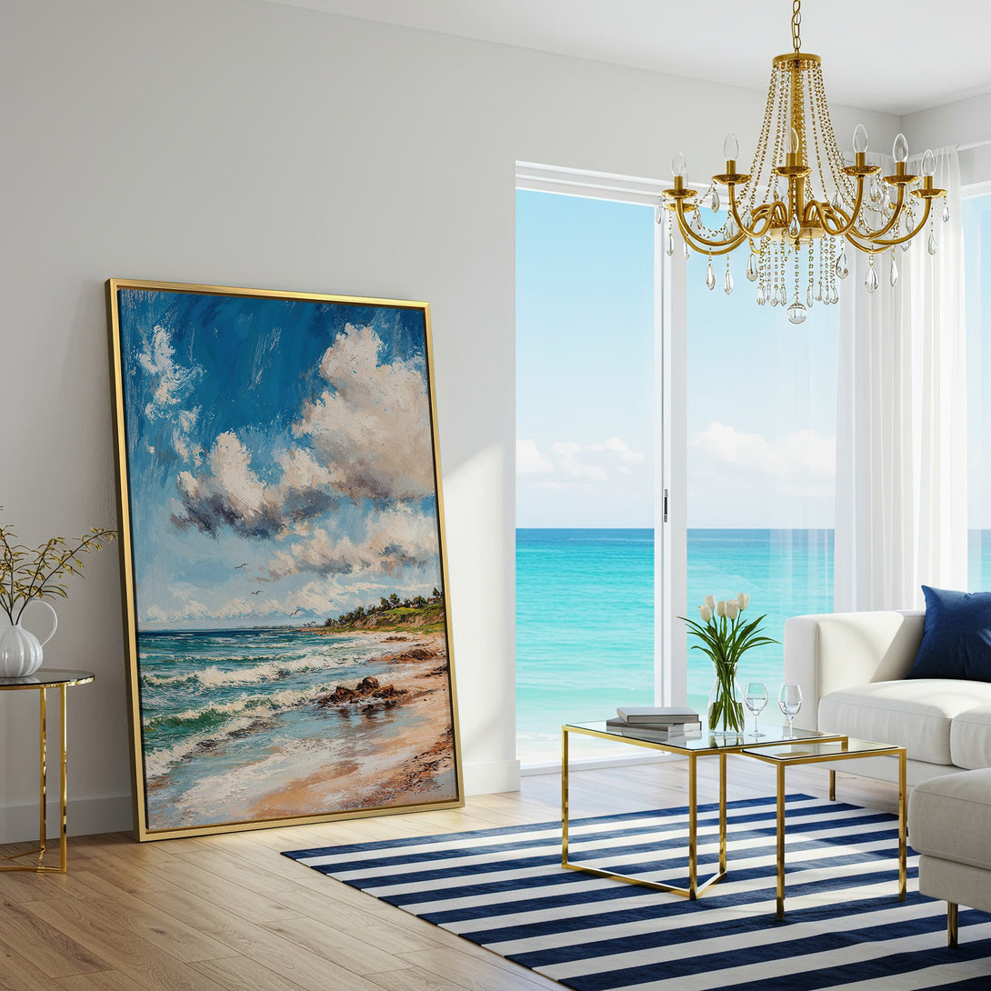 Canvas Print of a serene beach scene in a coastal style with a blue, beige, and white color palette. Perfect for adding a touch of tranquility to your home.