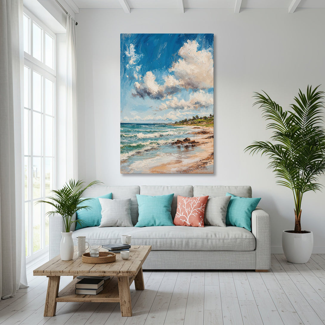 Framed Wall Art: Coastal beach scene in blue and white, displayed in a modern living room. Enhance your space with this stunning canvas print!