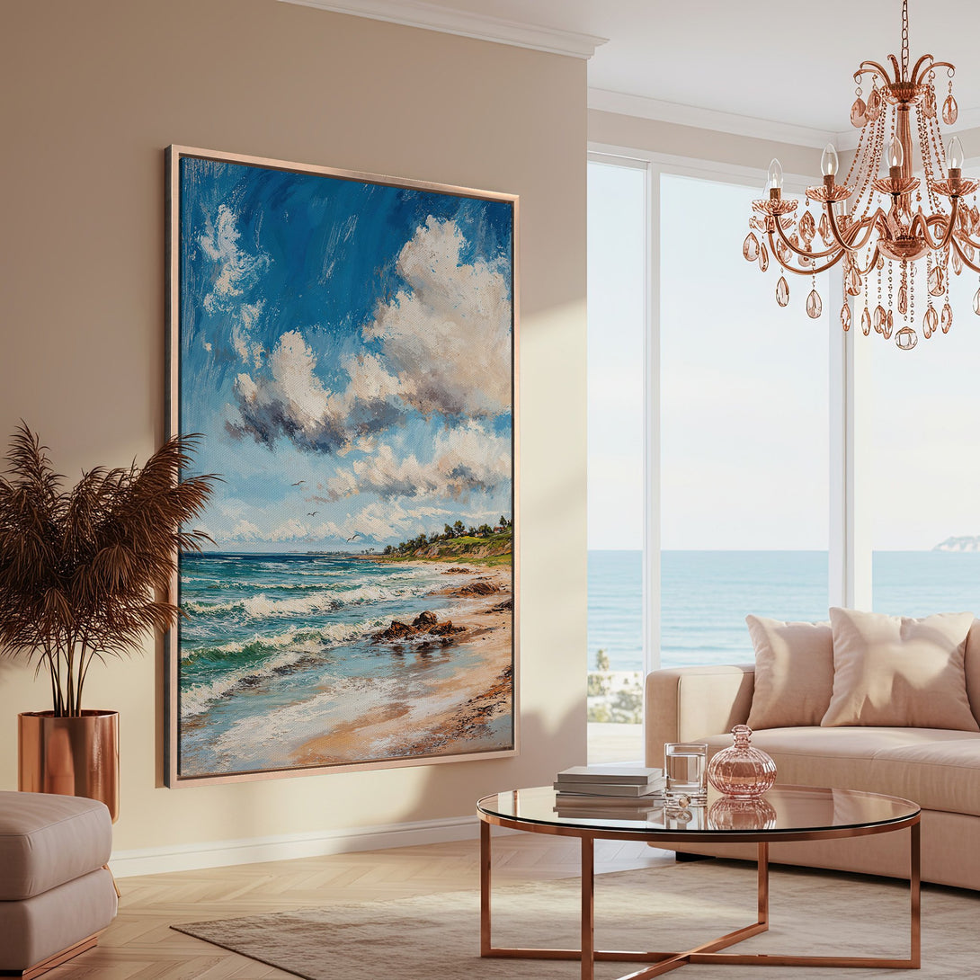 Framed Wall Art of a beach scene in a coastal style, featuring blue, white, and beige hues. Perfect for adding a touch of serenity to your home.