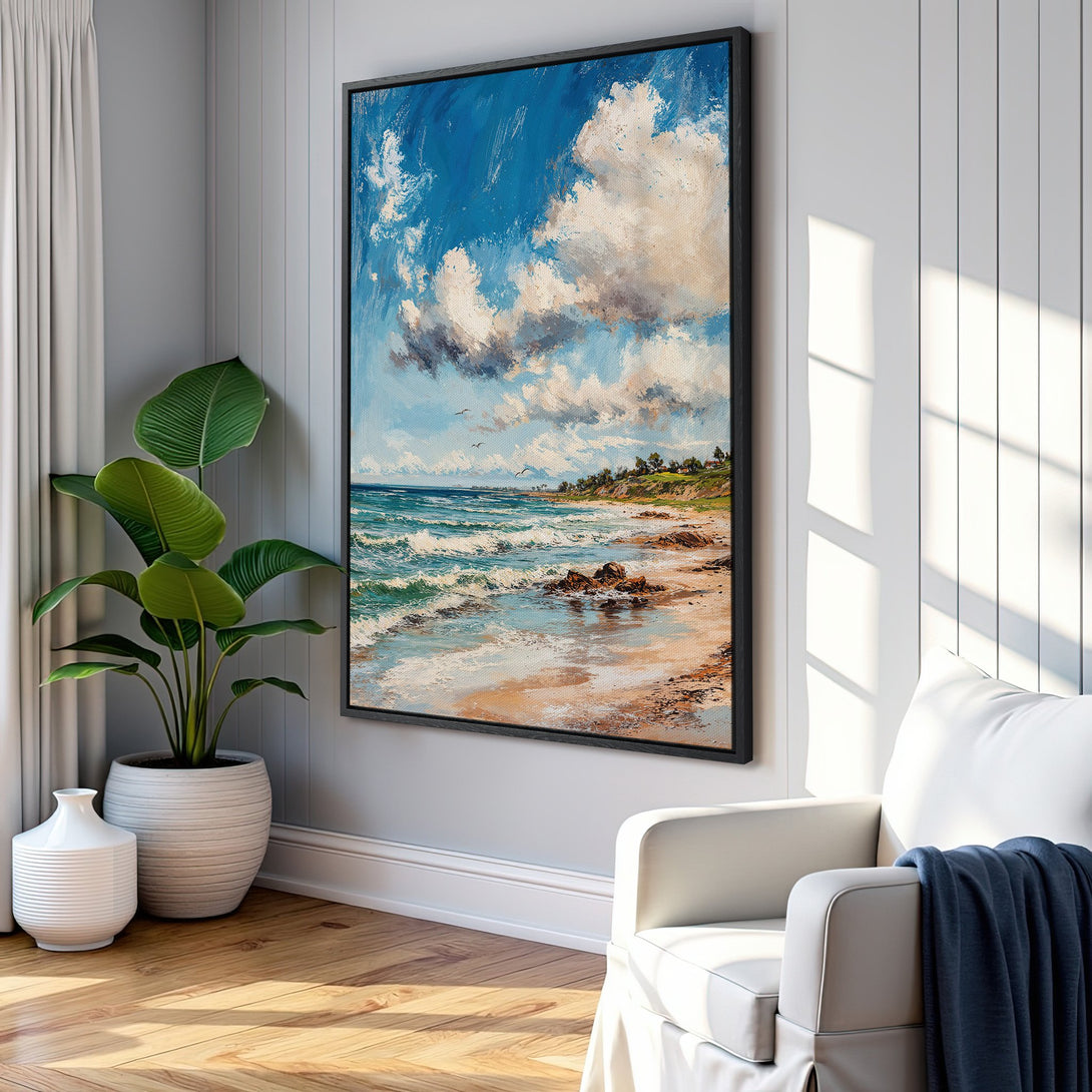 Framed Wall Art: Coastal landscape painting in blue, white, and beige tones. Perfect beach decor to bring serenity to your home.