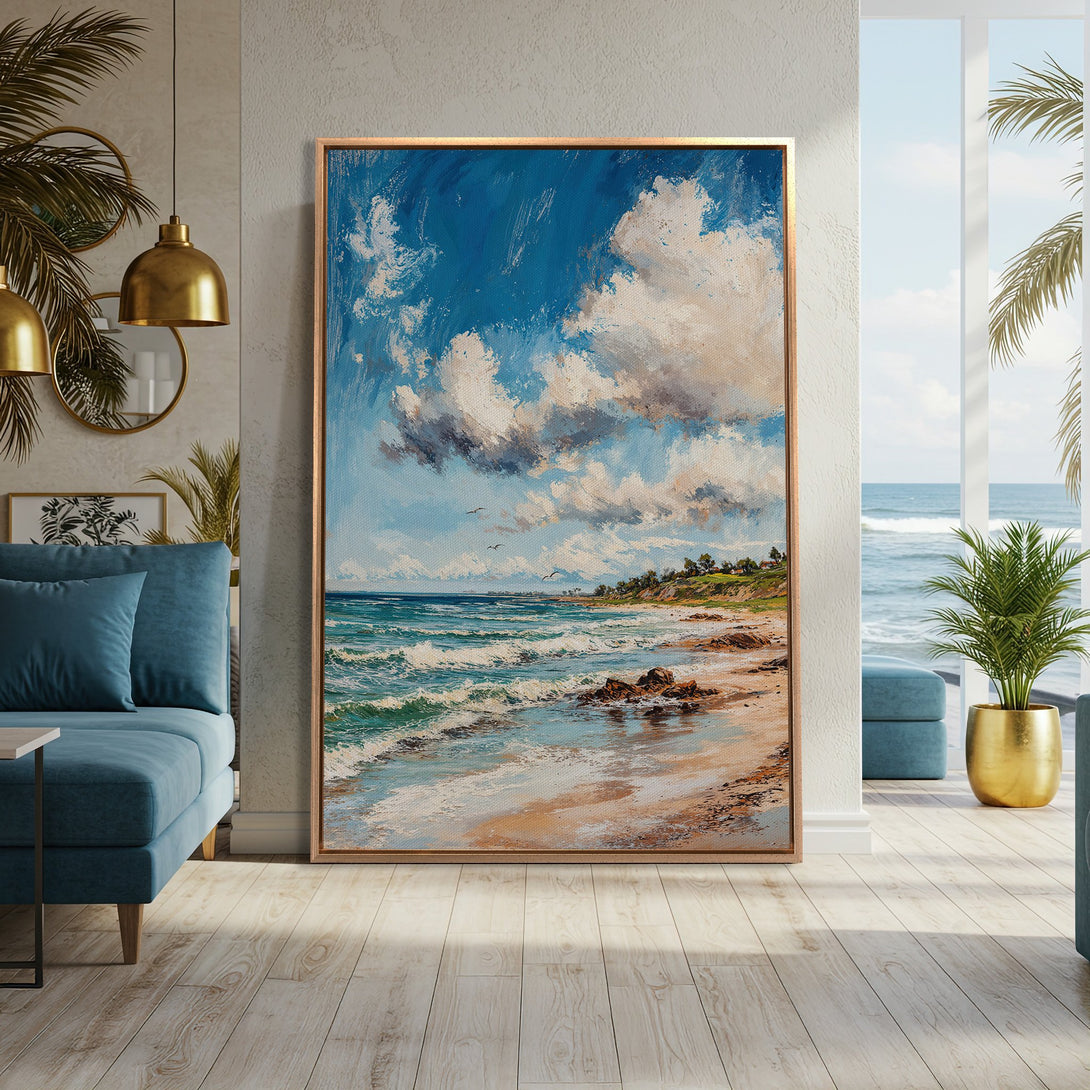 Framed Wall Art: Coastal landscape Canvas Print with blue, beige, and white color palette. Adds a touch of serenity to any room. Perfect for beach house decor.