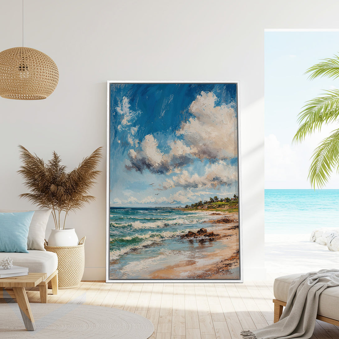Framed Wall Art of a beach scene in impressionist style. Blue, white, and tan color palette. Perfect coastal decor for your home.