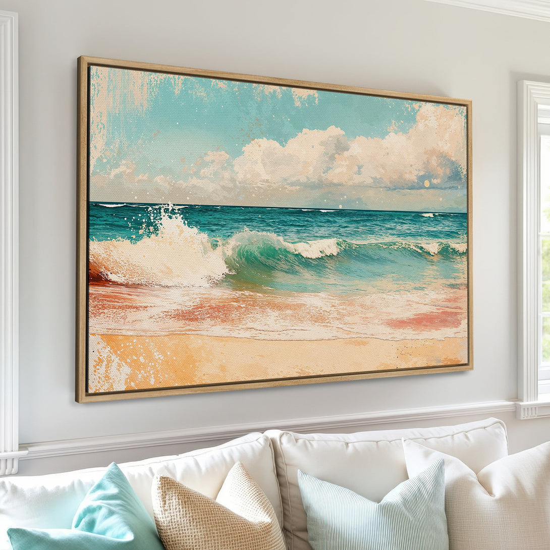 Framed Wall Art Canvas Print of a serene beach scene in a coastal style with teal, beige, and blue color palette. Perfect for any home!