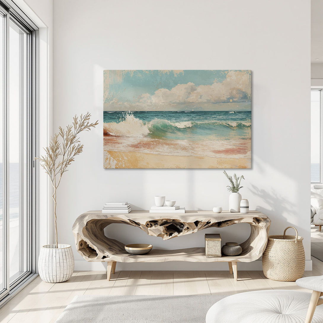 Framed Wall Art: Coastal beach scene canvas print in a modern interior. Features turquoise, beige, and gold color palette. Enhance your home decor today!