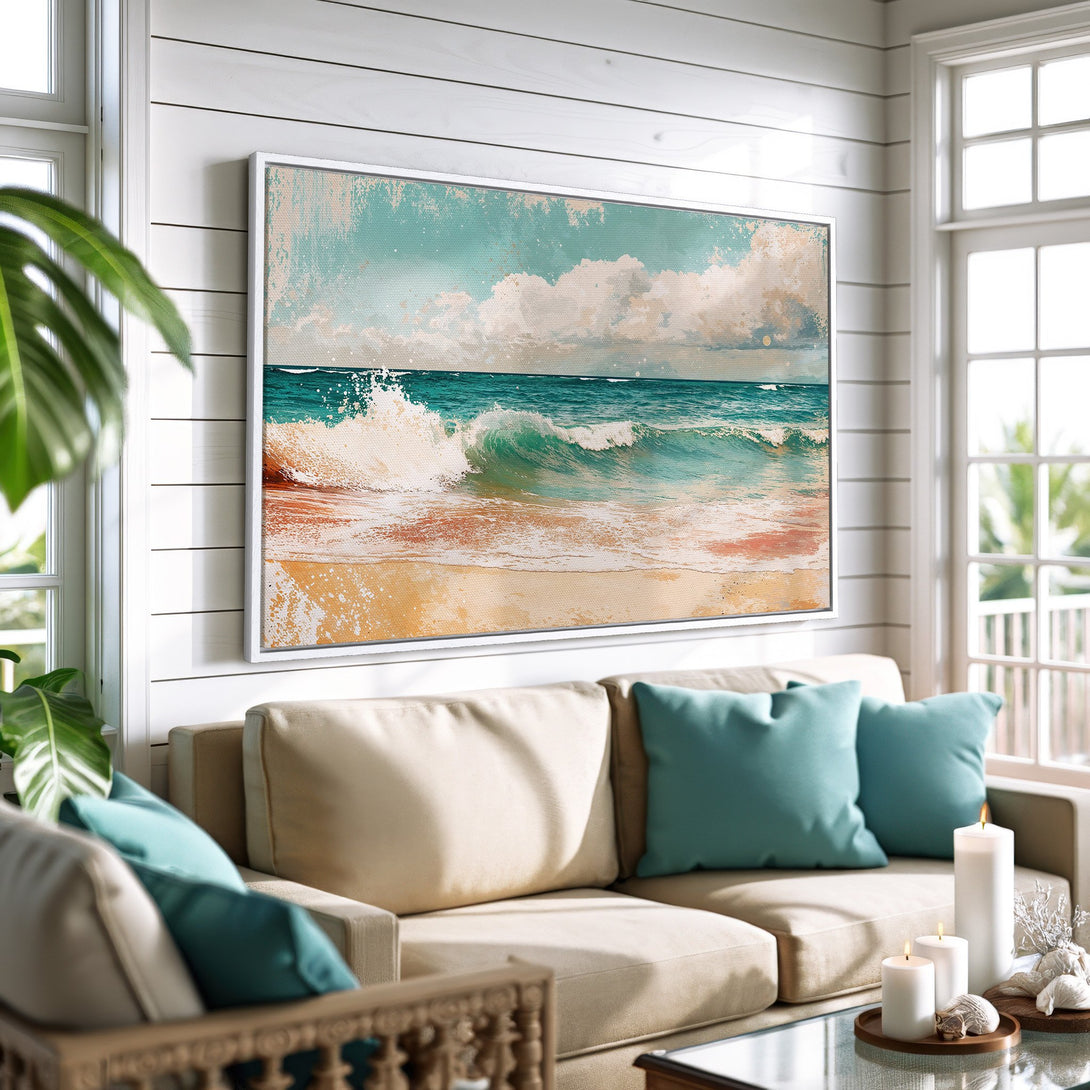 Framed Wall Art: Coastal scene Canvas Print with turquoise, beige, and white color palette. Perfect for adding a touch of beachy vibes to your home decor.