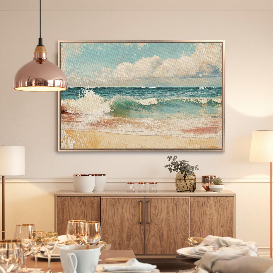 Framed Wall Art: Coastal Canvas Print of ocean waves in a serene, pastel color palette. Perfect for adding a touch of tranquility to any space.