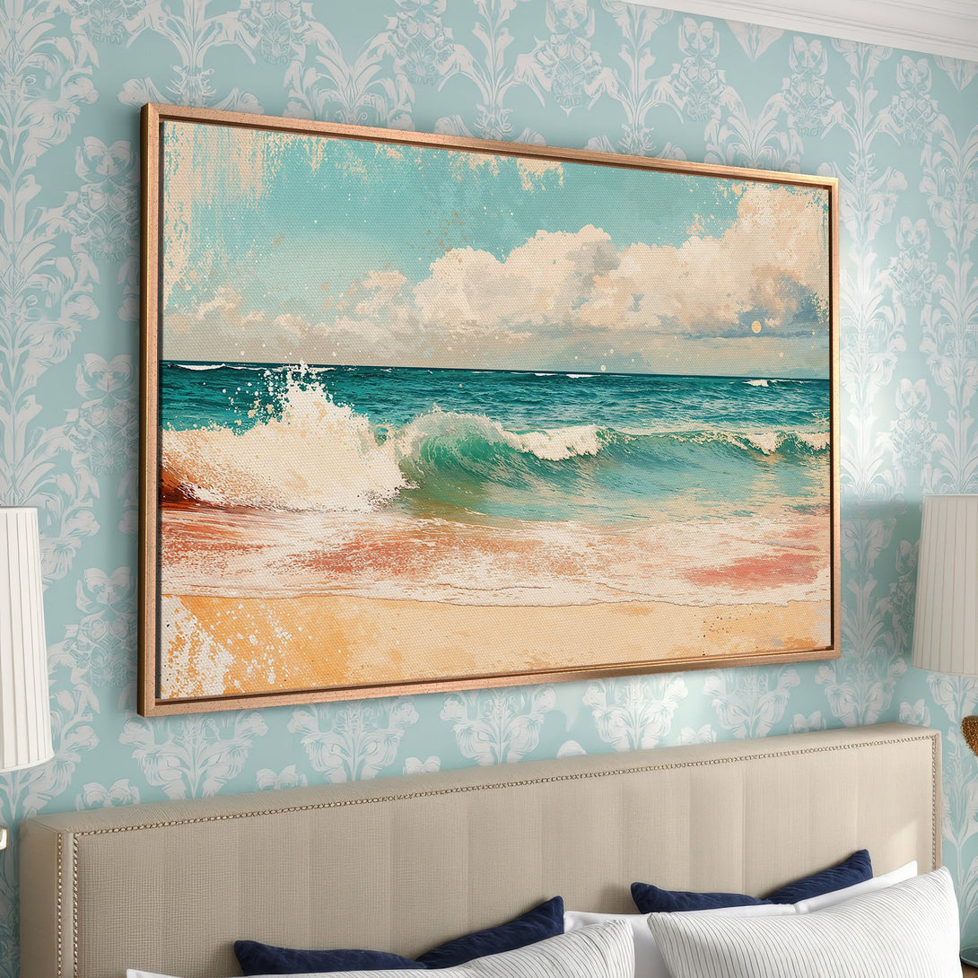 Framed Wall Art: Coastal beach scene canvas print in a bedroom. Featuring ocean waves in teal, blue, and beige tones. Adds a touch of serenity to any space.