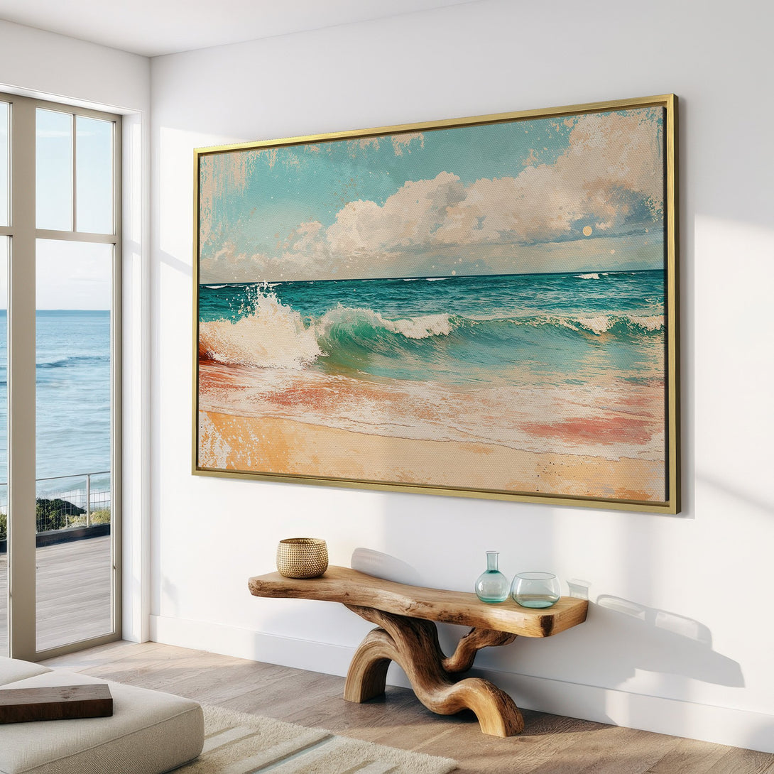 Canvas Print of a serene ocean scene with turquoise, blue, and beige tones. Coastal art style, perfect for adding a calming touch to any interior.