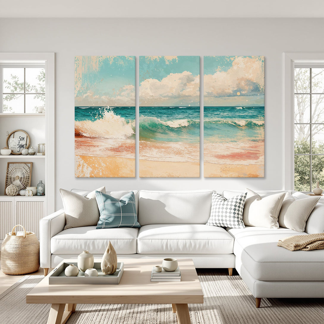 Canvas Print of a serene beach scene in a coastal style. Features teal, beige, and blue color palette, perfect for adding a touch of calm to your home.