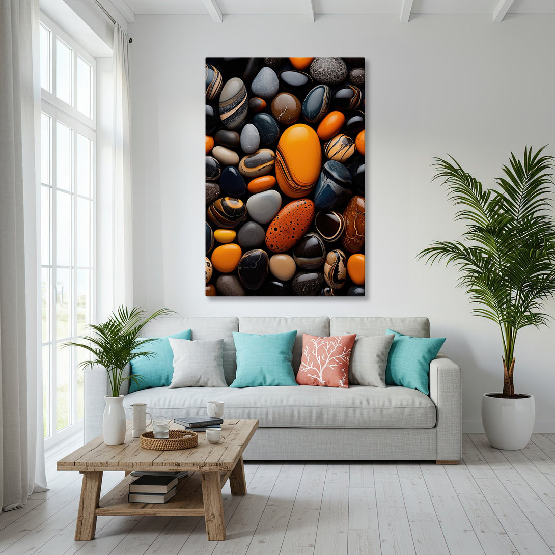 Framed Wall Art featuring a vibrant stone composition in warm orange, black, and gray tones. Modern art for your home decor.