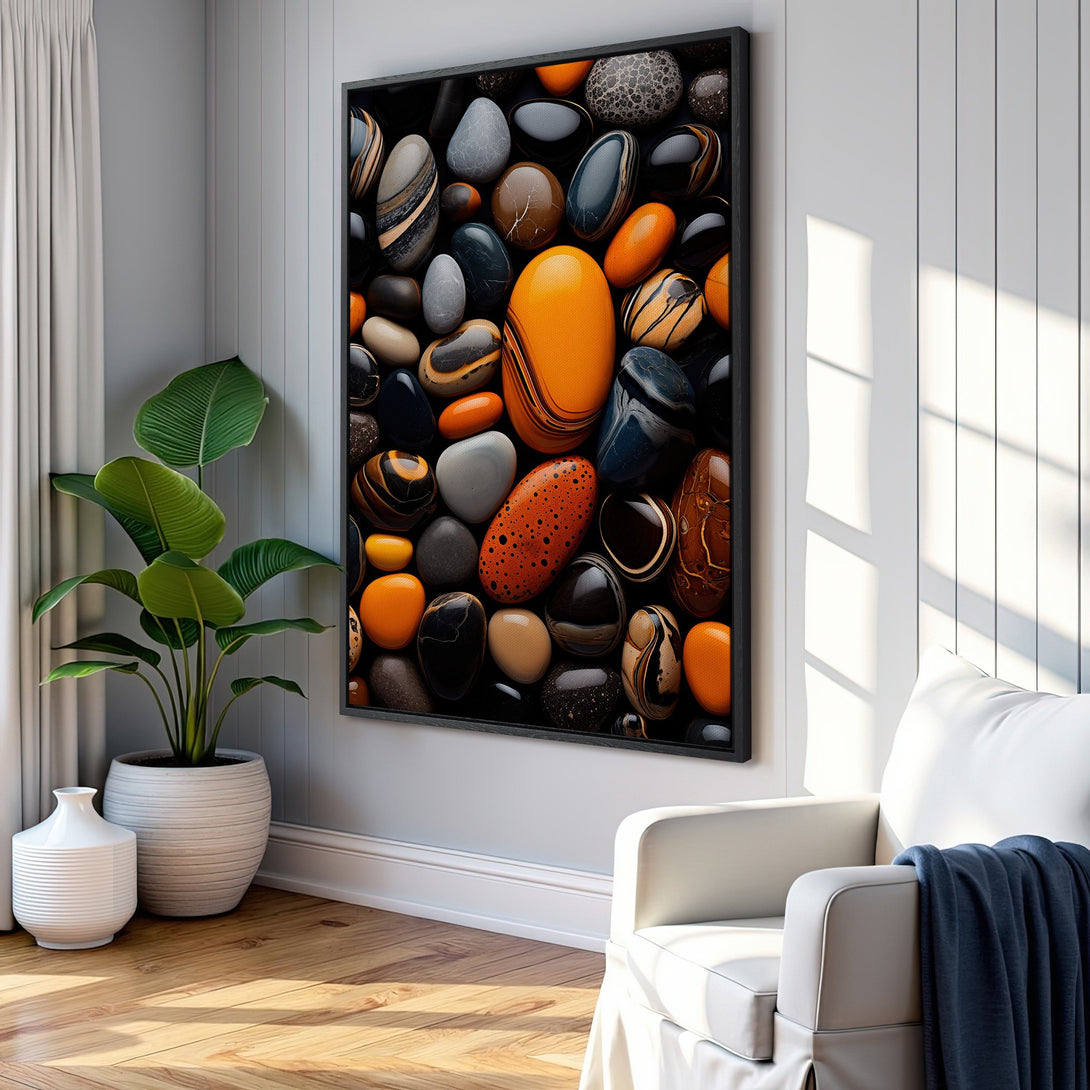 Framed Wall Art featuring abstract stone art in a modern interior. Earthy tones of orange, black, and brown create a stylish, zen aesthetic.