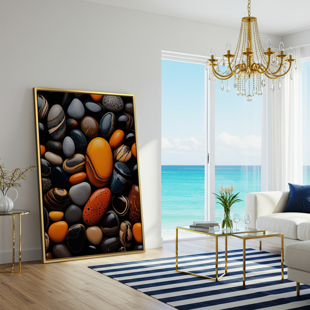 Canvas Print: Abstract stone art in warm orange, black, and brown tones. Modern wall decor for a stylish living room.