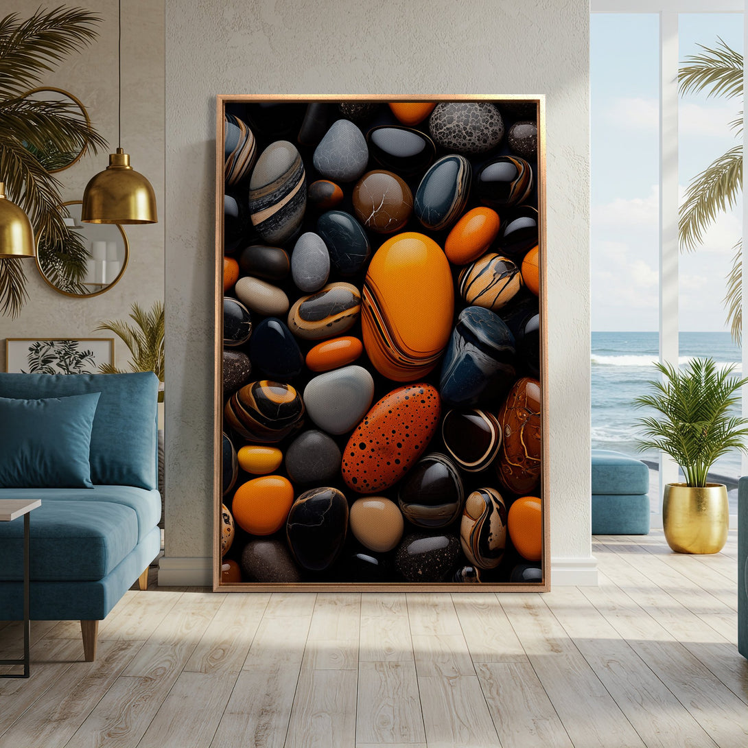 Framed Wall Art featuring a close-up of polished stones in a warm, earthy palette. Modern interior design with a coastal vibe. Enhance your space!