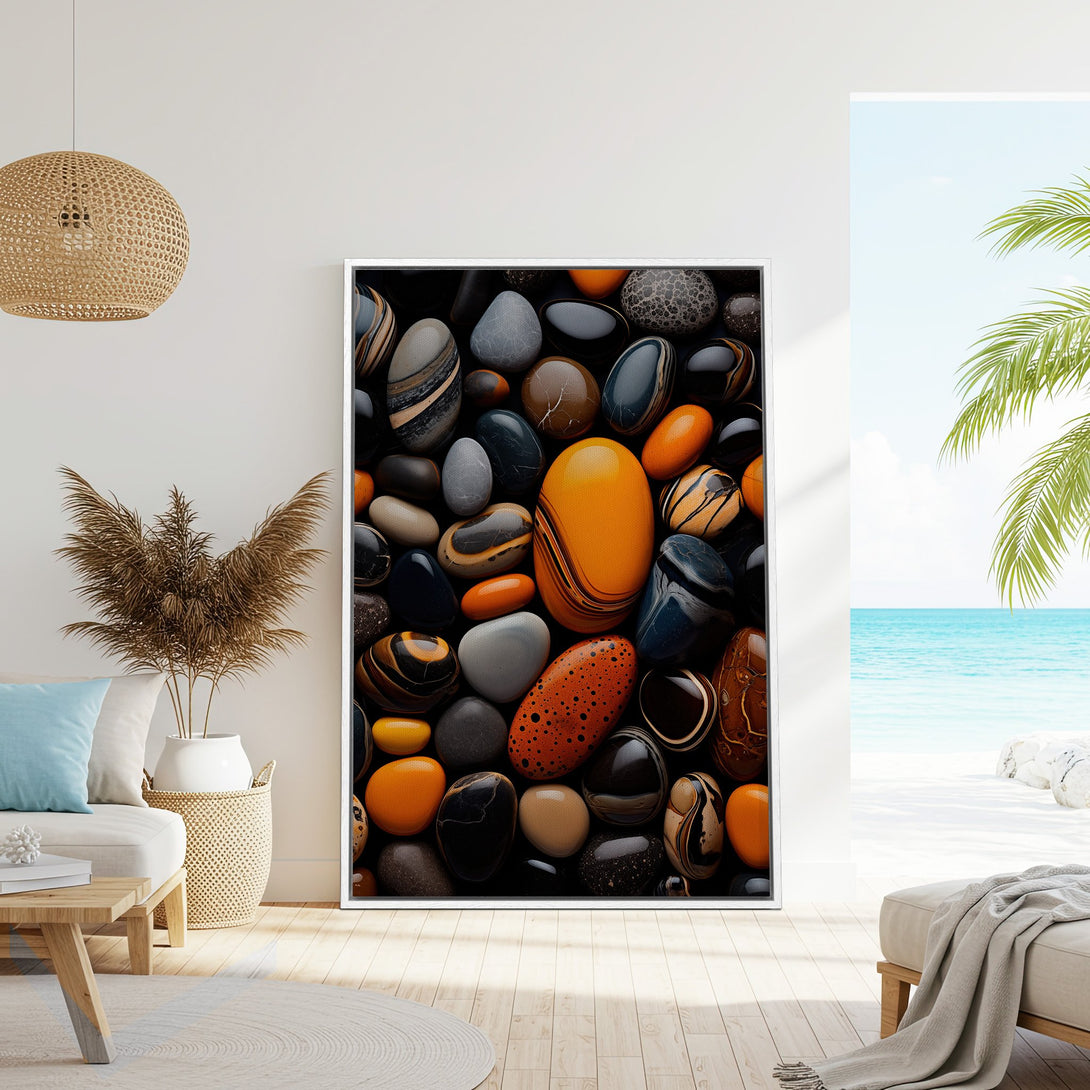 Framed Wall Art featuring a close-up of colorful, polished stones. Earthy tones of orange, black, and brown create a modern, natural aesthetic. Perfect for any interior!