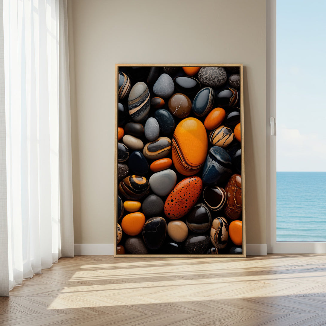 Framed Wall Art featuring a vibrant stone composition in orange, black, and neutral tones. Modern art print perfect for any interior.