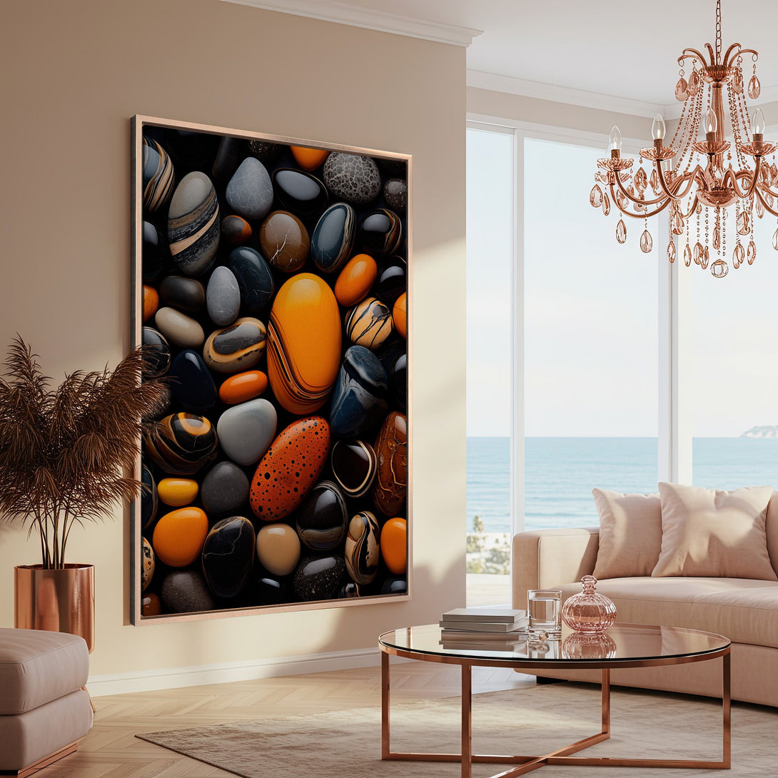 Framed Wall Art: Abstract stone art in warm orange, black, and beige tones. Modern decor for a stylish living room. Enhance your space with this unique canvas print.