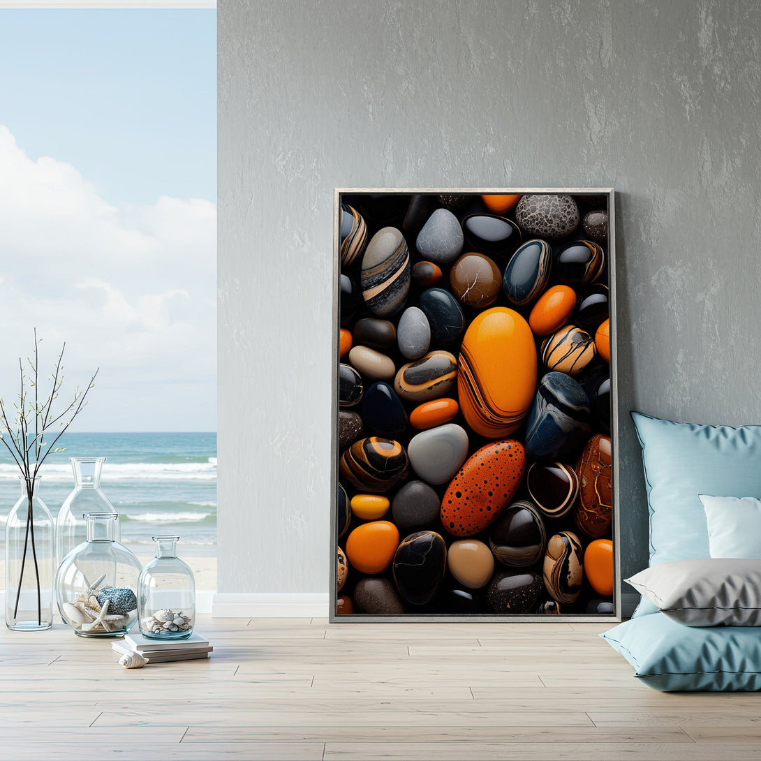 Framed Wall Art featuring a close-up of colorful, polished stones. Modern art with a warm, earthy palette, perfect for home decor.