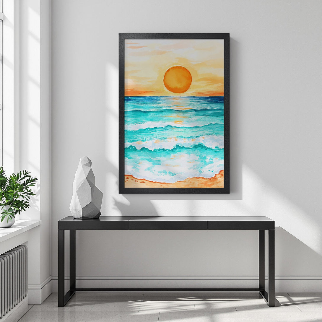 Framed Poster featuring a watercolor sunset over the ocean. Coastal art with a vibrant orange, blue, and yellow color palette. Perfect wall decor.