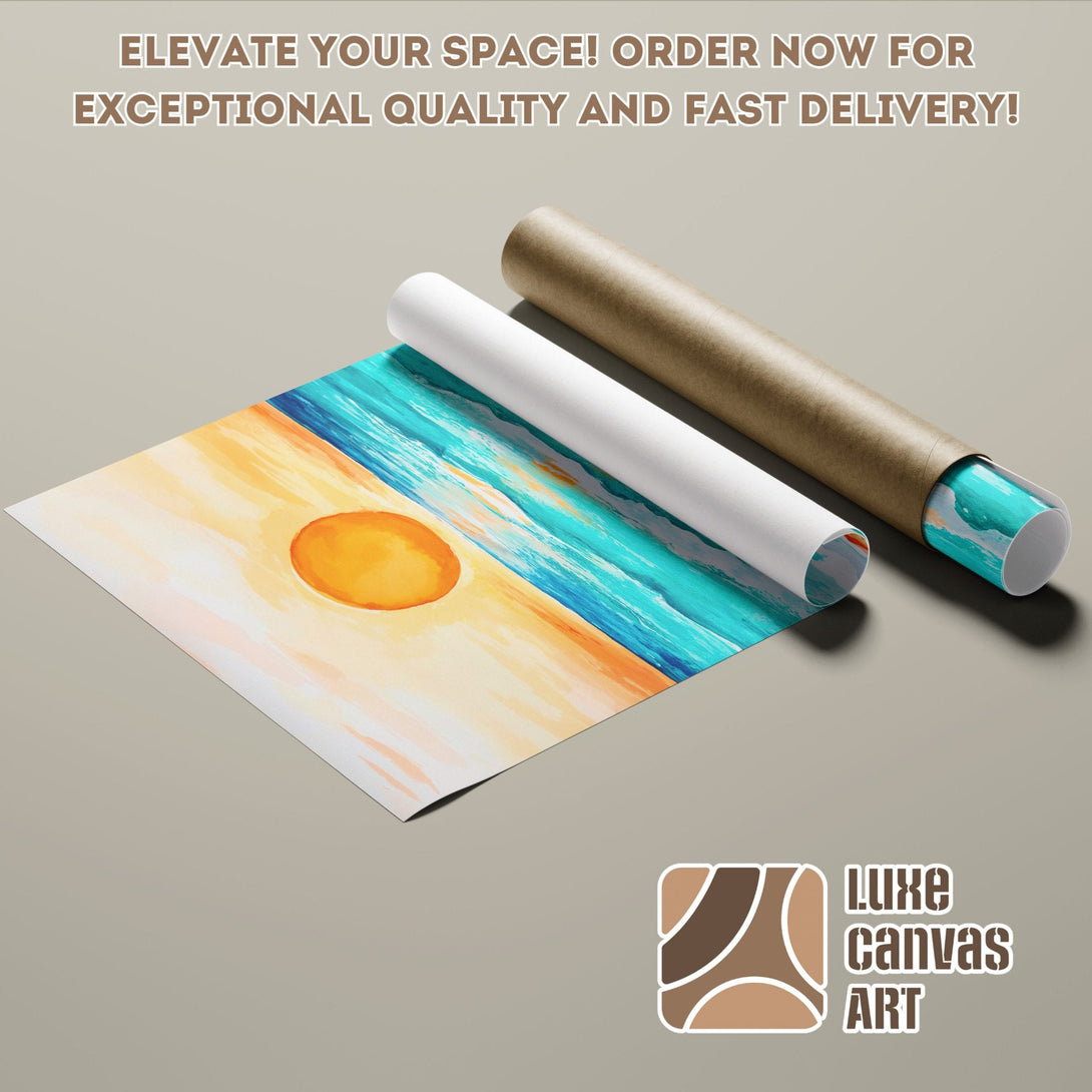 Abstract sunset poster roll art, vibrant blue, orange & yellow palette. Elevate your space with this beautiful Poster!