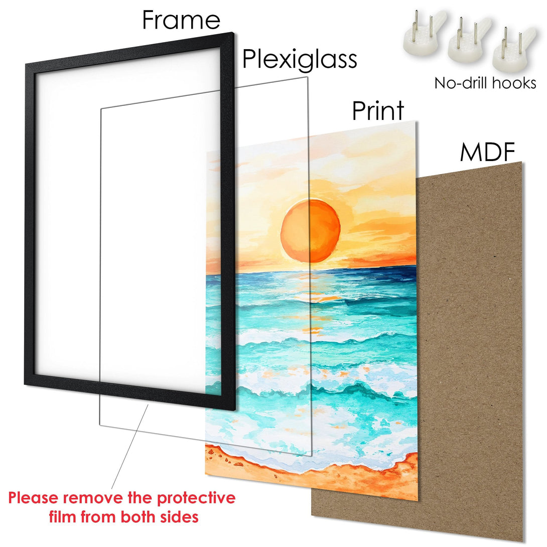 Framed Poster of a beach scene in watercolor style, featuring a vibrant orange, blue, and yellow color palette.