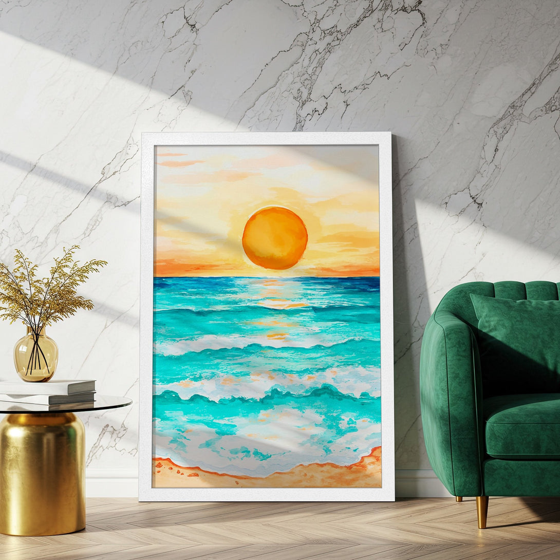 Framed Poster featuring a vibrant sunset over the ocean. Watercolor style with a warm orange, teal, and blue color palette. Perfect wall art!