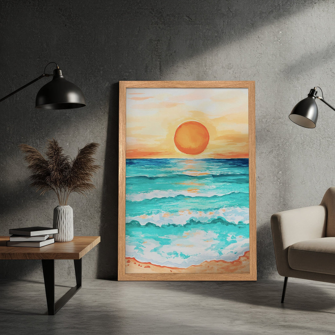 Framed Poster of a watercolor seascape with sunset. Features vibrant blues, oranges, and yellows. Perfect coastal wall art.