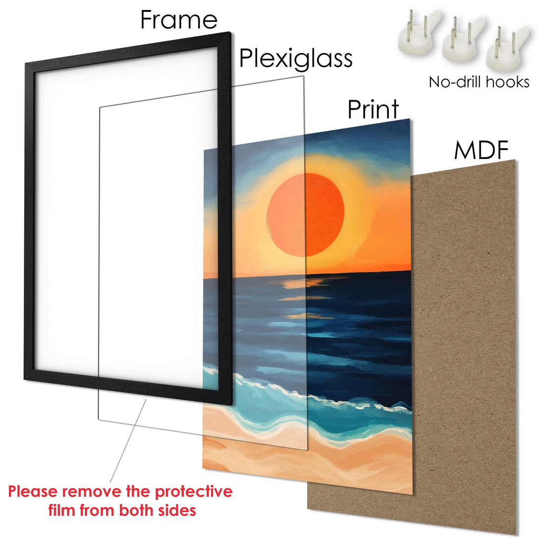 Framed Poster of a sunset over the ocean. Artistic style with warm orange, blue, and beige tones. Ready to hang!