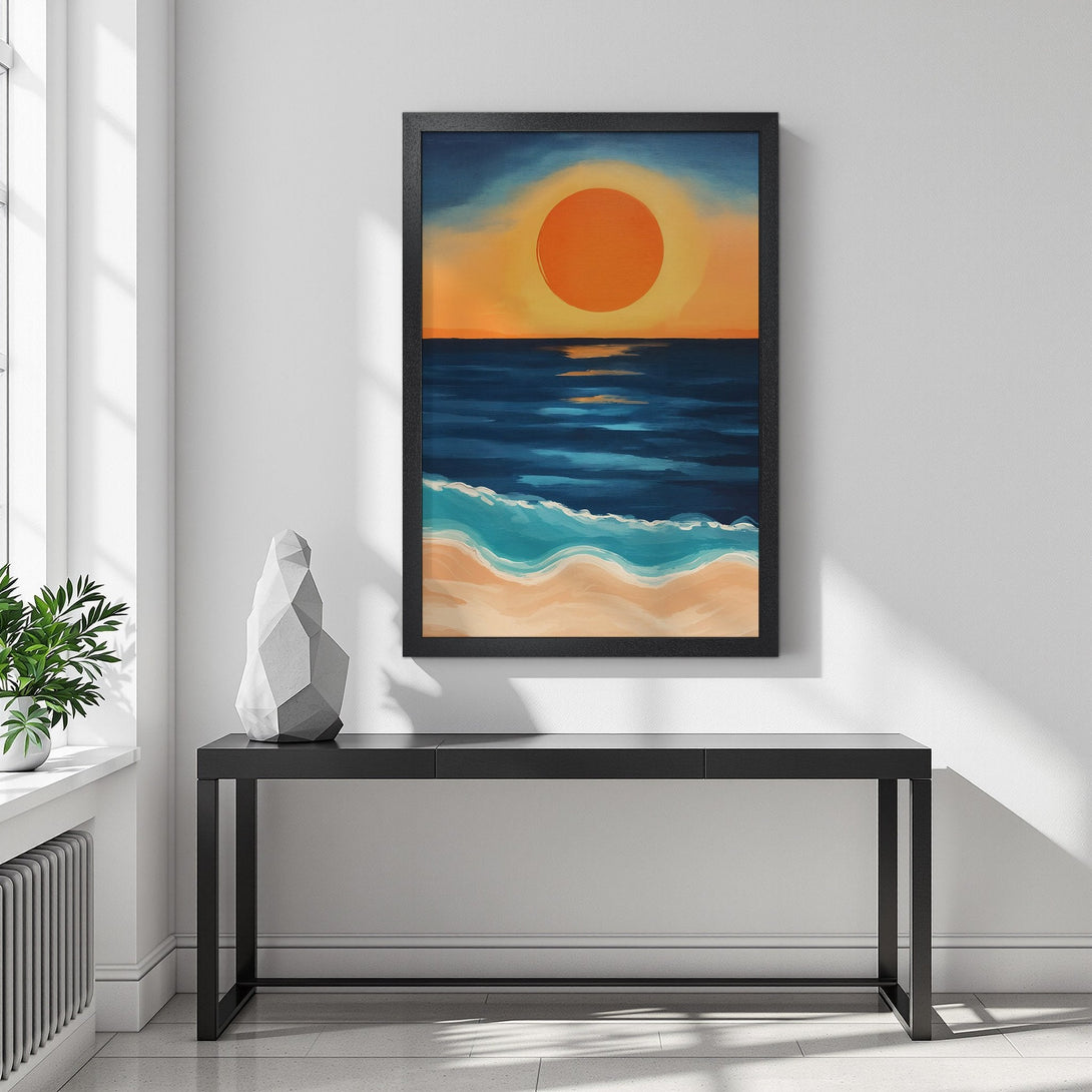 Framed Poster featuring a sunset over the ocean, painted in an abstract style with a warm orange and cool blue color palette. Perfect wall art!