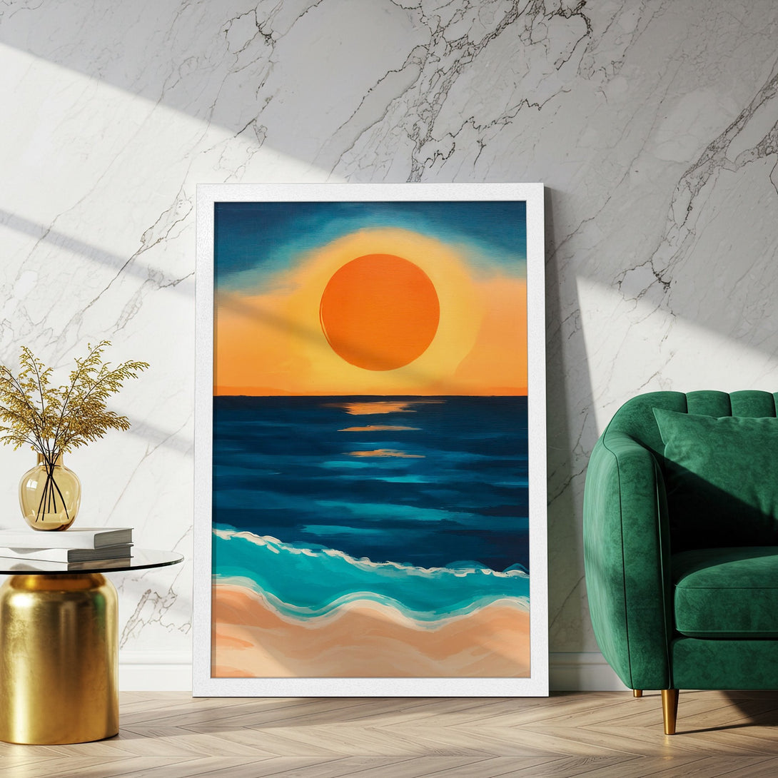 Framed Poster of a sunset over the ocean, painted in a vibrant, impressionistic style with a warm orange and cool blue color palette. Perfect wall art!