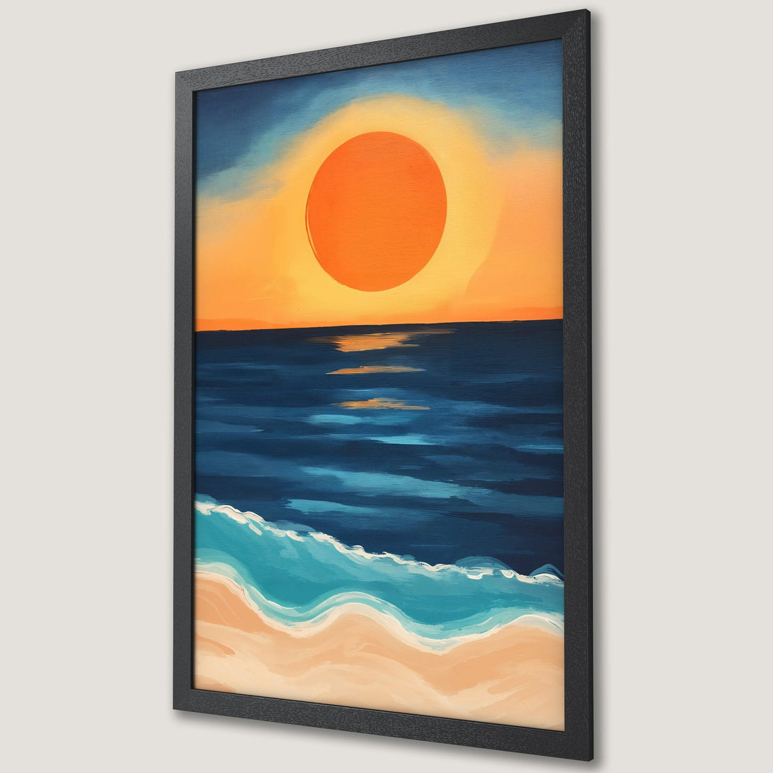 Framed Poster featuring a vibrant sunset over the ocean. Impressionistic style with warm orange, blue, and sandy tones. Perfect coastal decor.