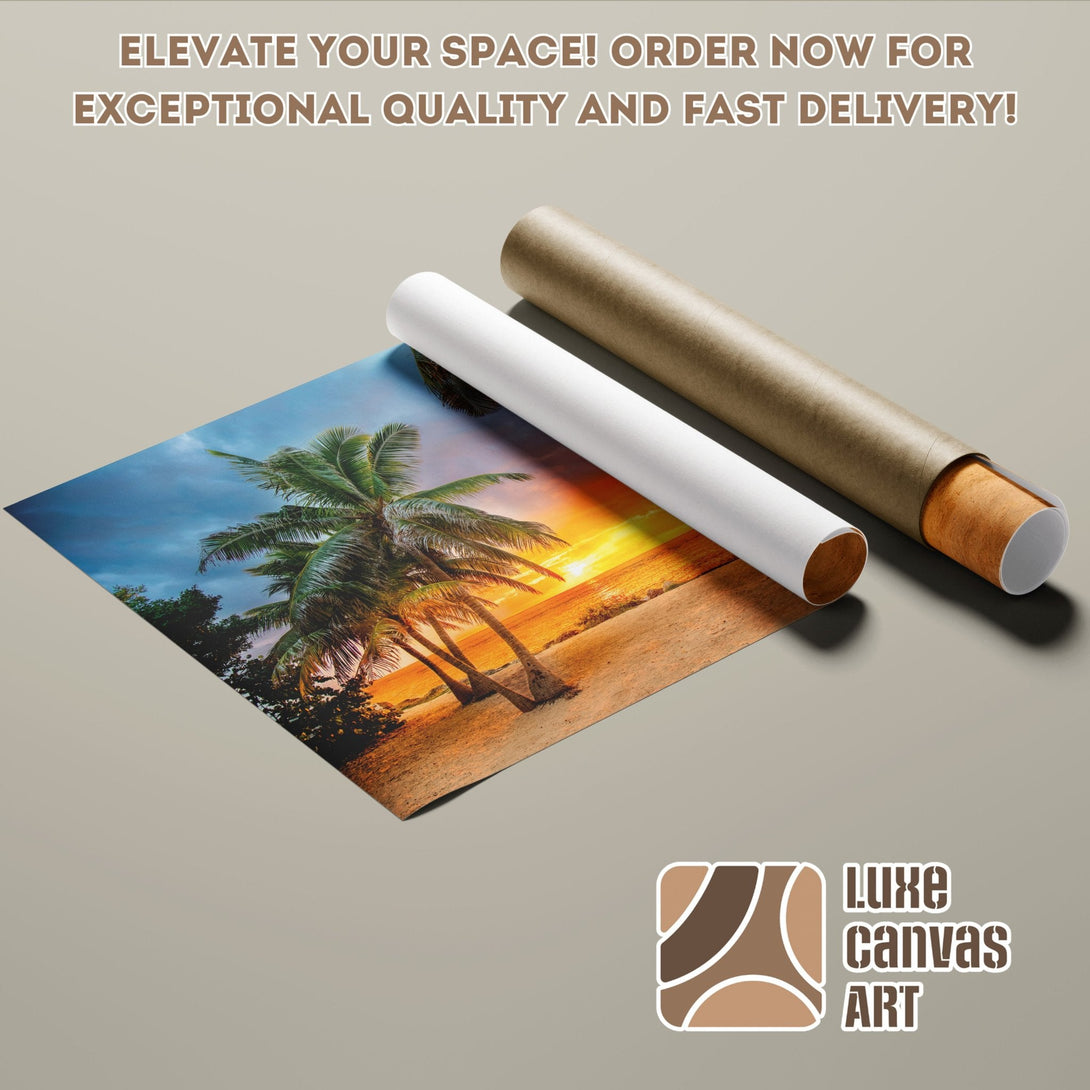 Tropical sunset Poster Roll. Vibrant colors, palm trees, and beach scene. Elevate your decor!