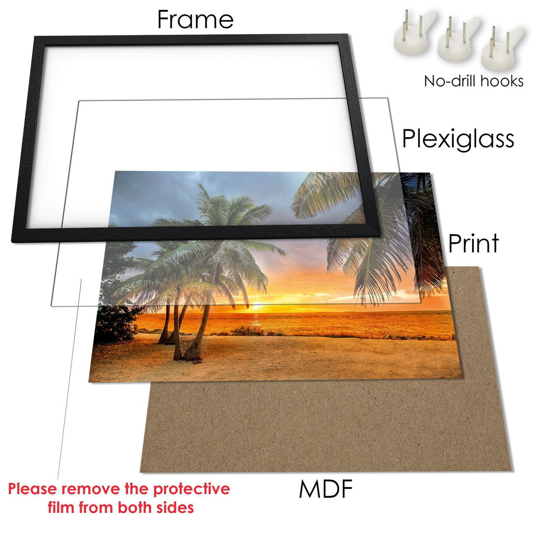 Framed Poster featuring a tropical sunset scene. Warm orange and yellow hues with palm trees. Perfect wall art for your home.