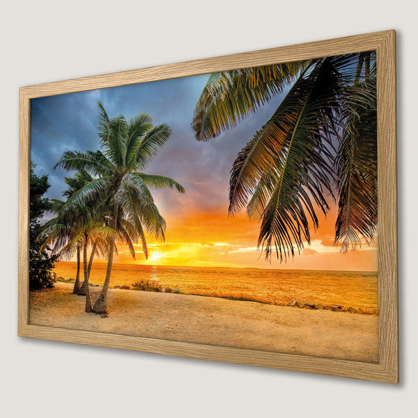 Framed Poster of a tropical sunset with palm trees. Warm orange and yellow hues with a dramatic sky. Perfect wall art!