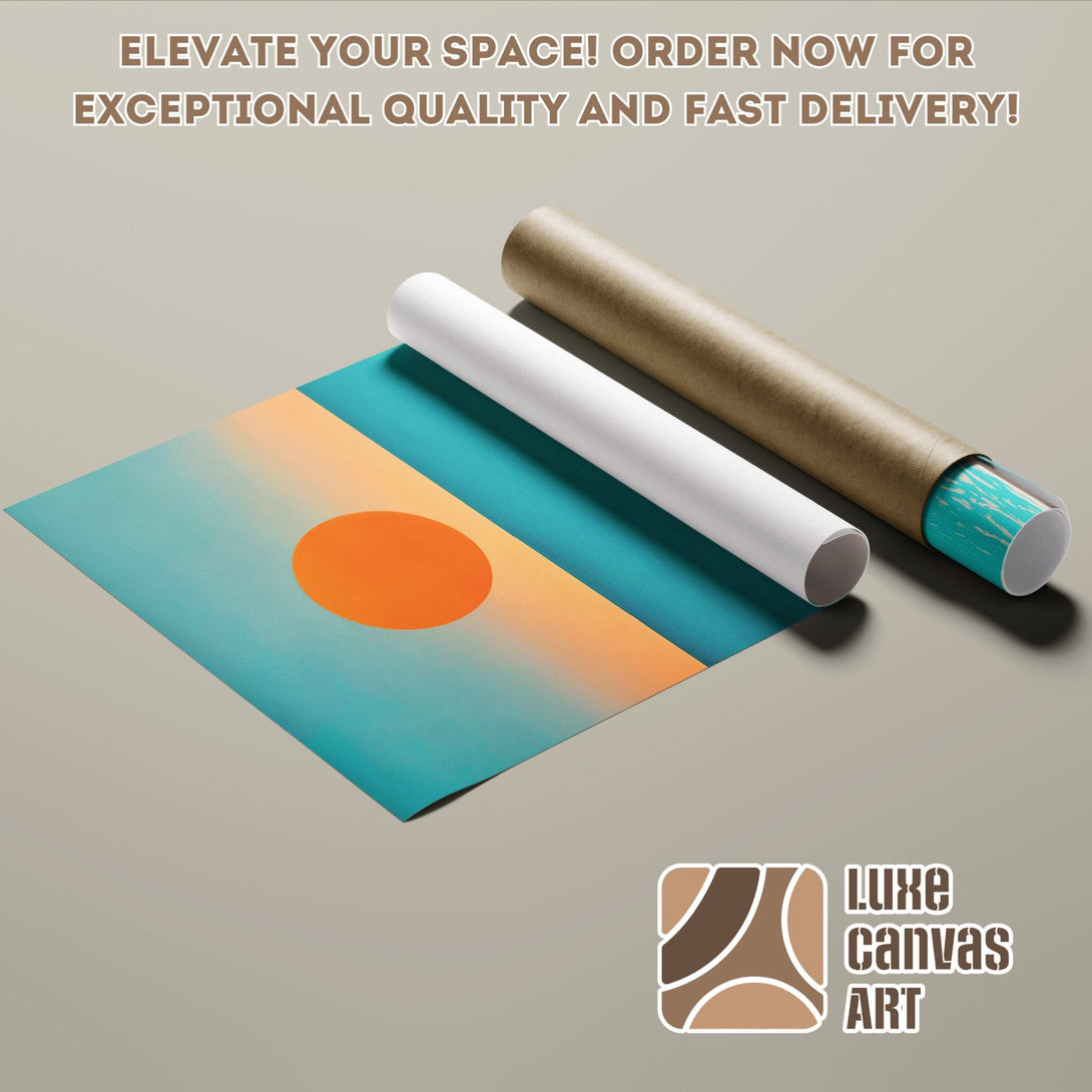 Abstract sunset Poster Roll art in teal, orange, and beige. Elevate your space!
