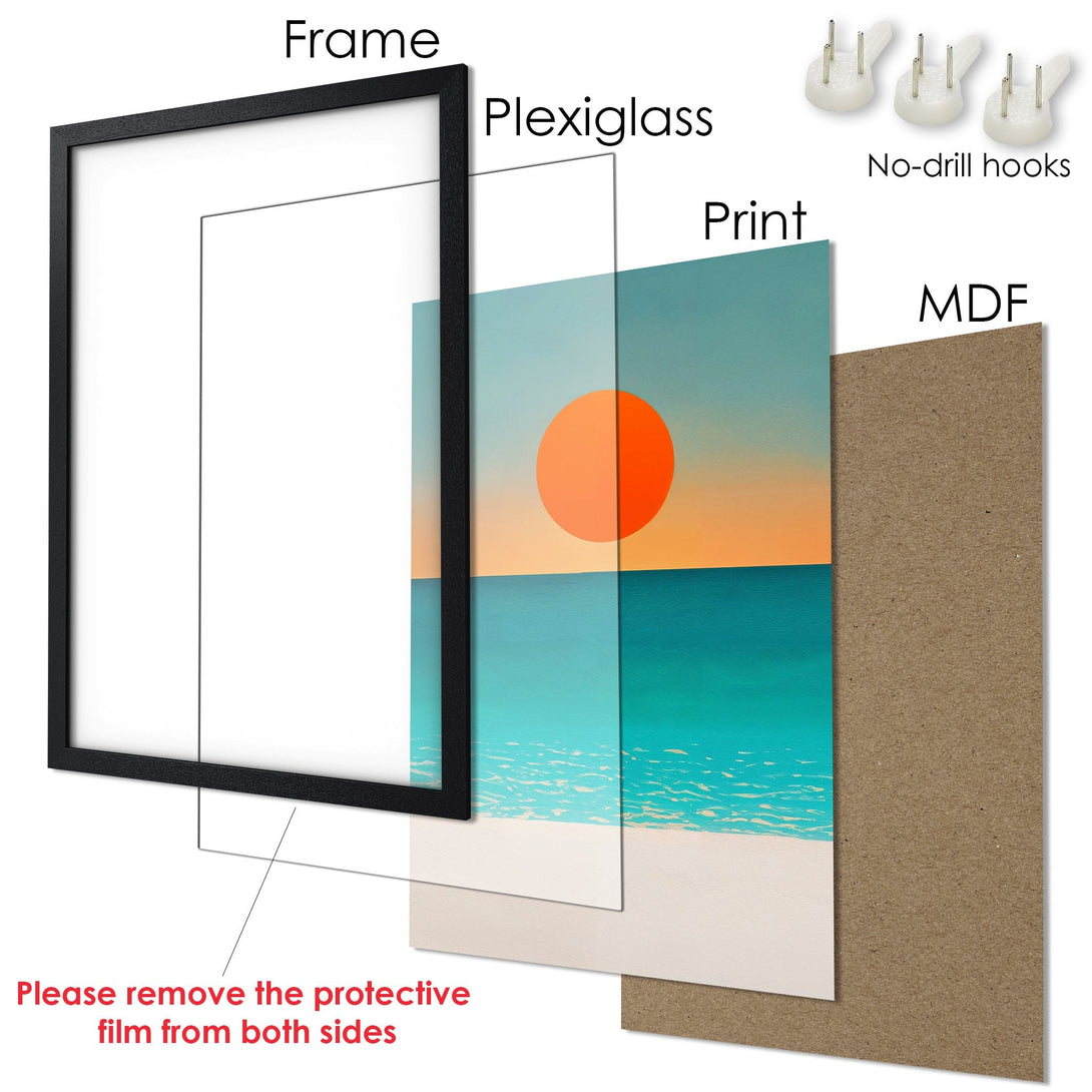 Framed Poster featuring a beach scene with a minimalist style and a warm, vibrant color palette. Perfect wall art for your home!