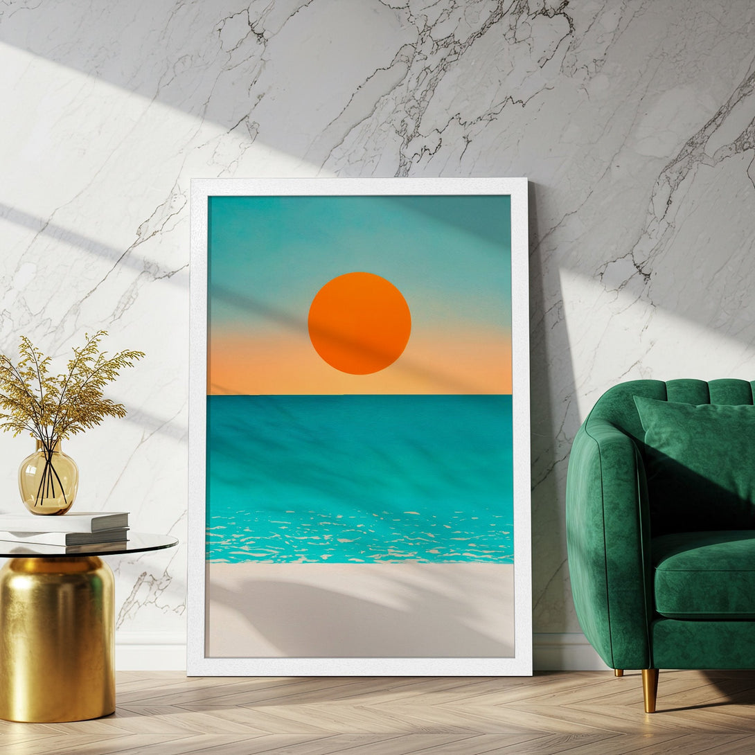Framed Poster featuring a minimalist beach sunset scene. Vibrant teal, orange, and white color palette. Perfect wall art for a modern home.