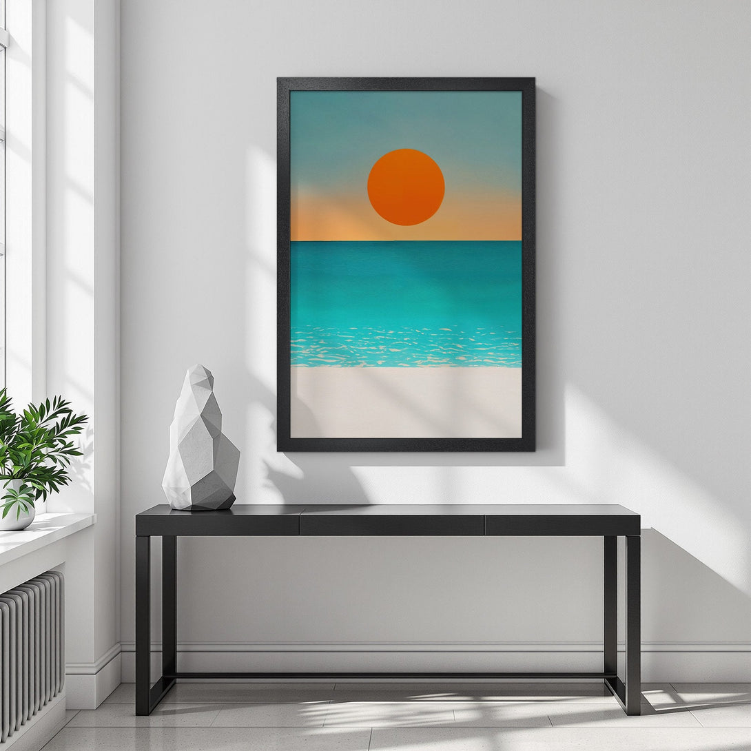 Framed Poster of a minimalist beach scene with a vibrant orange sun, turquoise water, and a warm color palette. Perfect wall decor!