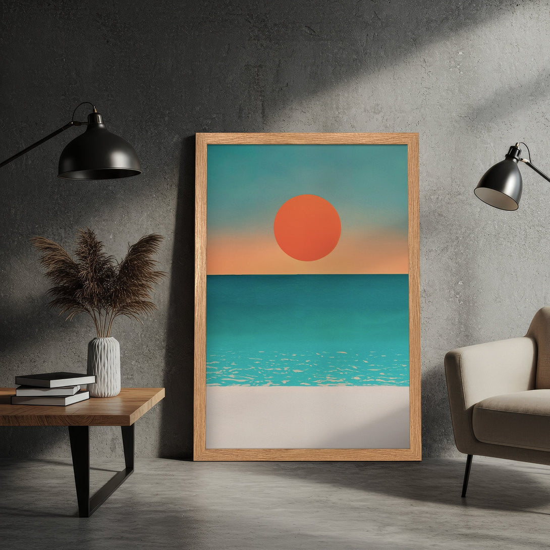 Framed Poster featuring a minimalist beach scene with a warm color palette. Perfect wall art to brighten your space!