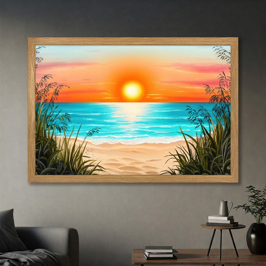 Framed Poster featuring a vibrant sunset over the ocean, in a colorful, artistic style. Warm orange and blue color palette.