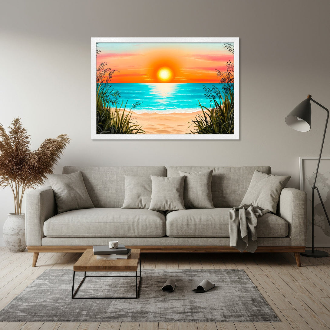 Framed Poster featuring a vibrant sunset over the beach, painted in a dreamy, colorful style. Warm orange, blue, and green hues.