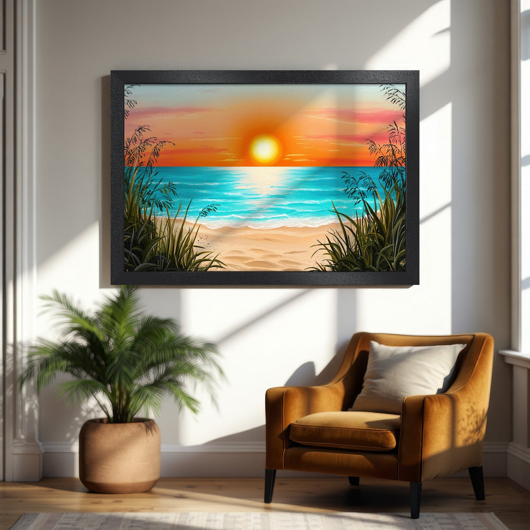 Framed Poster featuring a vibrant beach sunset scene. Coastal art in warm orange, blue, and yellow tones. Perfect wall decor for a relaxing vibe.