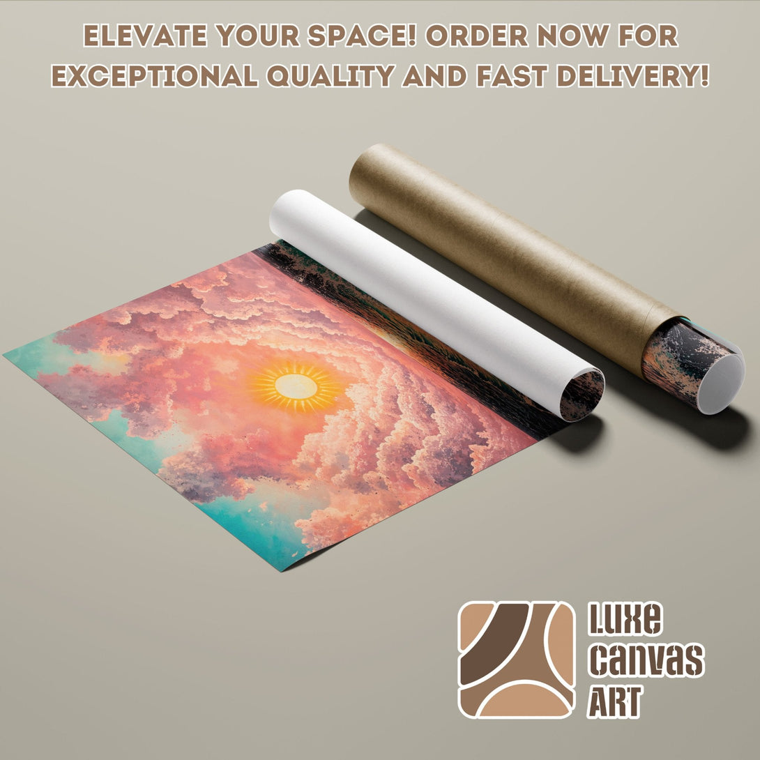 Poster Roll featuring a sunset landscape in a dreamy style with pink, orange, and teal hues. Elevate your space!