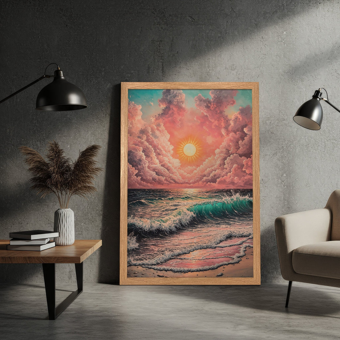 Framed Poster of a dreamy sunset over ocean waves. Romantic style with a warm pink, teal, and gold color palette. Perfect wall art!