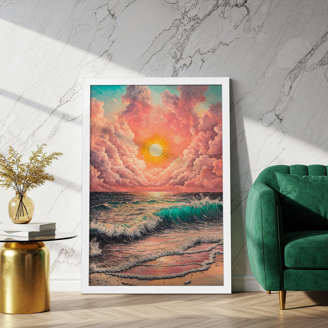 Framed Poster of a sunset over the ocean, painted in a dreamy style with pink, blue, and teal hues. Add calming vibes to your space!