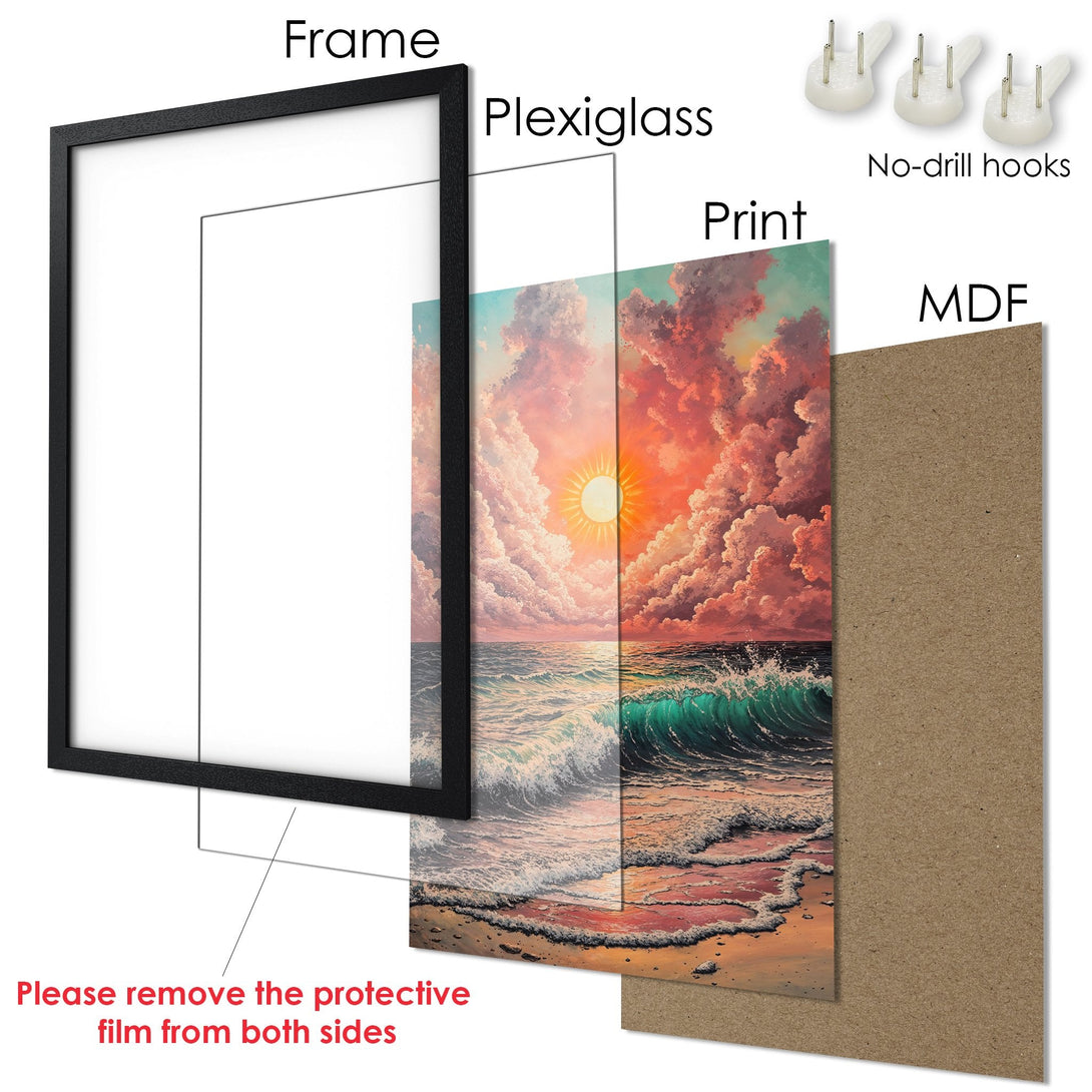 Framed Poster: Sunset beach art print in vibrant red, orange, and teal color palette. Perfect wall decor for any room.